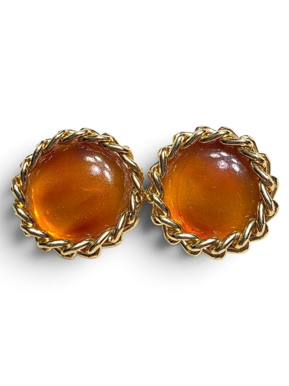 Vintage Retro Amber Colored Clip Rope-Edge Earrings
